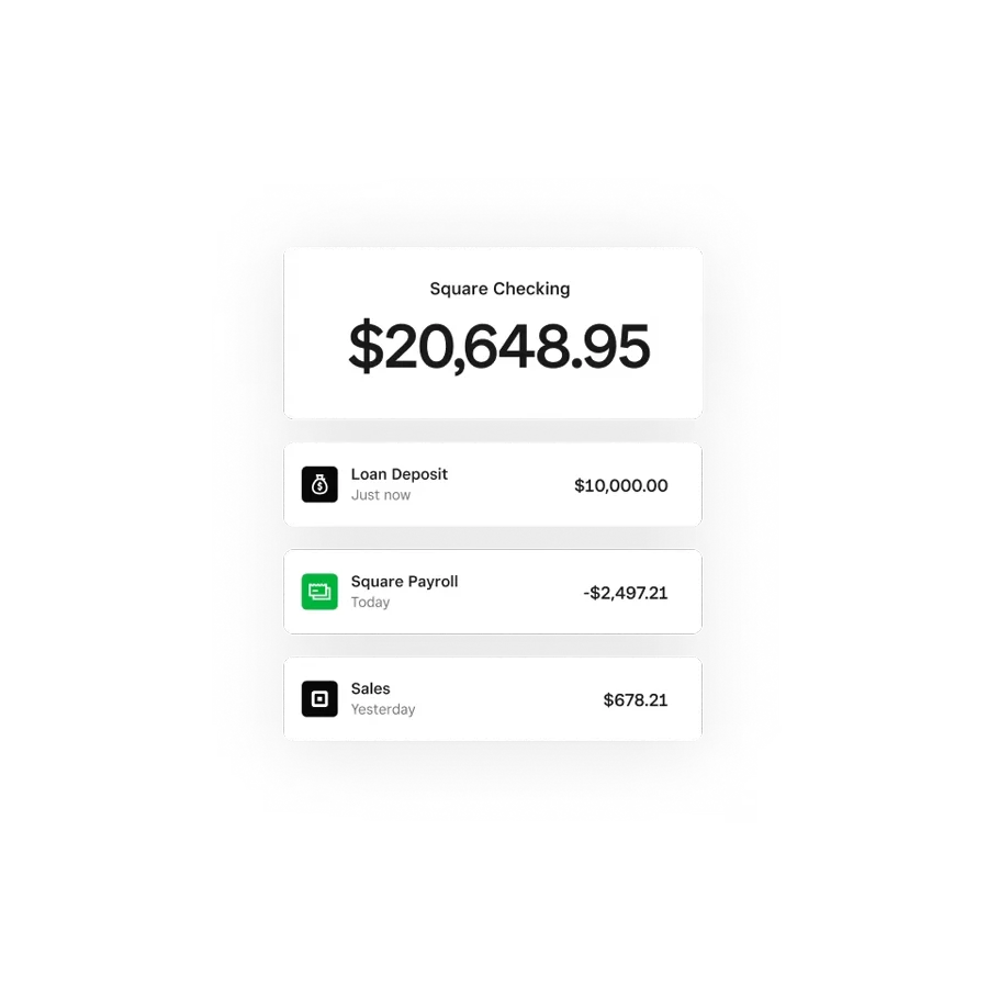 Square Banking checking account showing instant access to sales, a loan deposit, and payroll