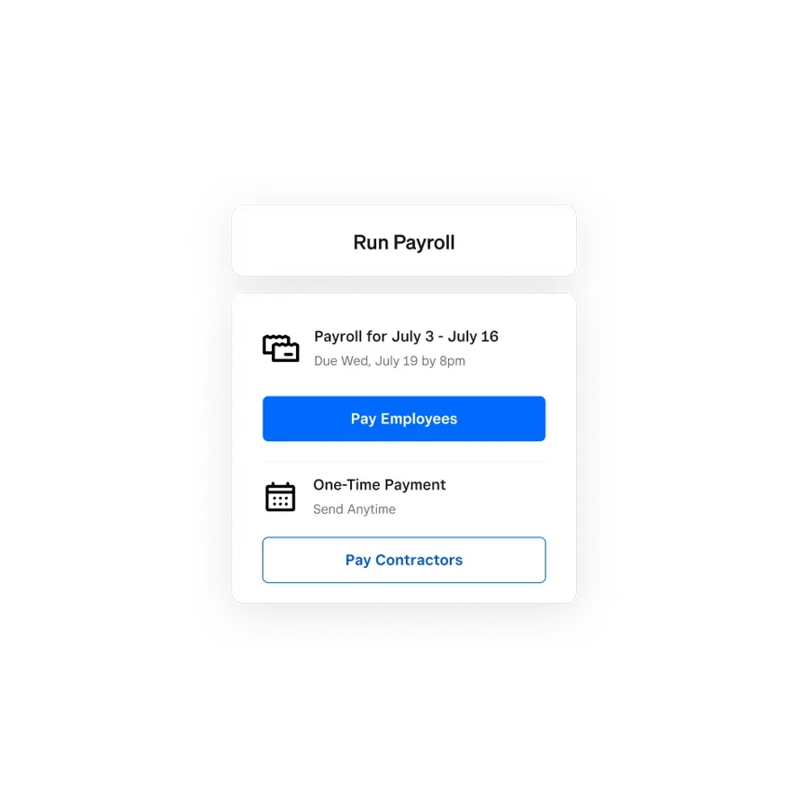 Square Payroll interface showing a pay period ready to run for employees and contractors