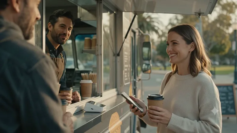 Food truck owner handing a coffee to a customer paying by phone tap