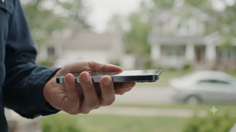 Contractor accepting a card tap on his smartphone at a client's doorway